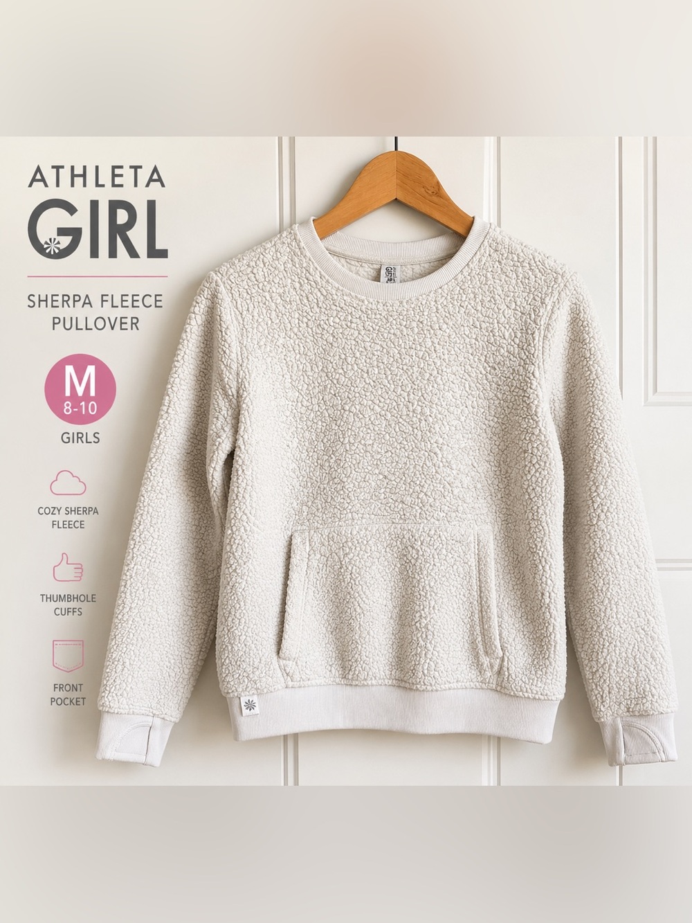 Athleta Girl Sherpa Fleece Pullover Sweatshirt Girls M 8 10 Ivory Cream Thumbhol